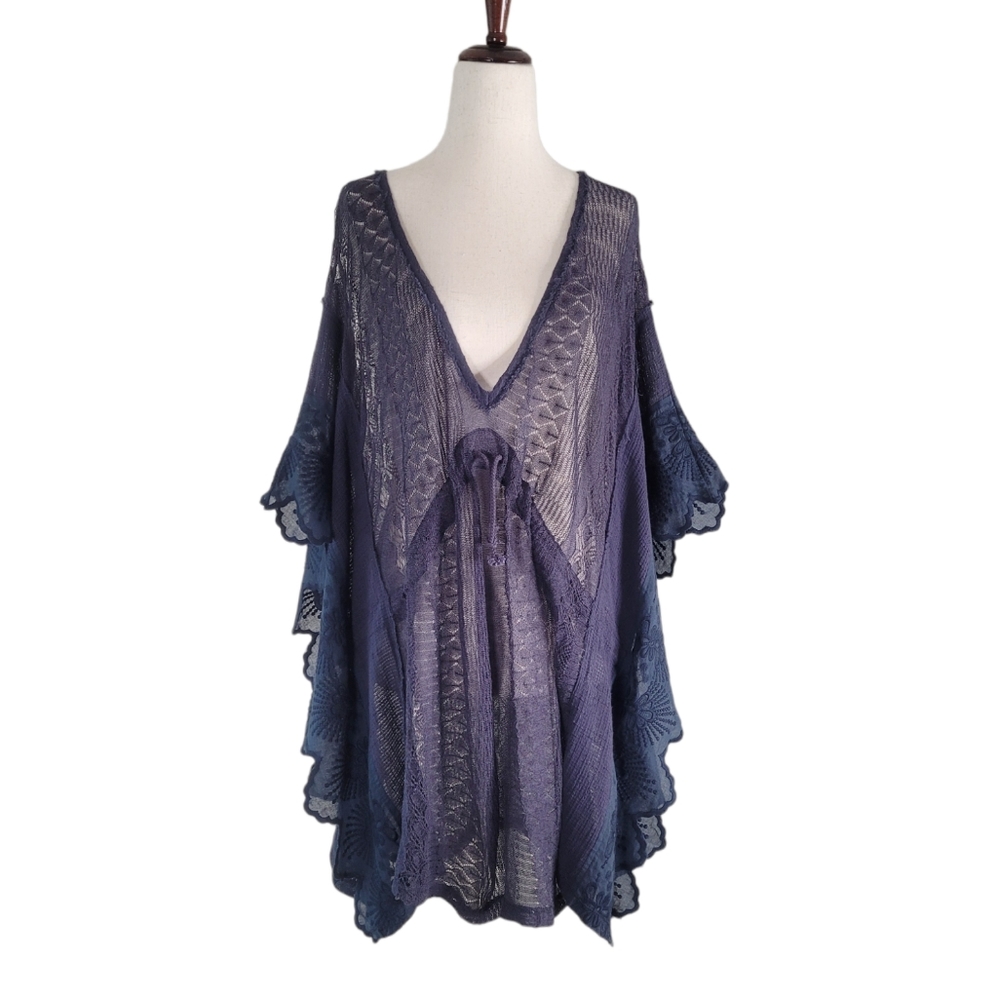 Free People Navy Blue Pointelle Lace Flutter Sleeve Poncho Top Cover Up Large